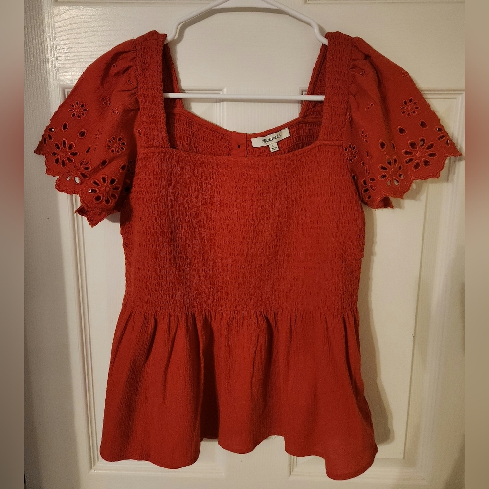 Madewell Women's Eyelet-Sleeve Smocked Peplum Top Orange Size Small